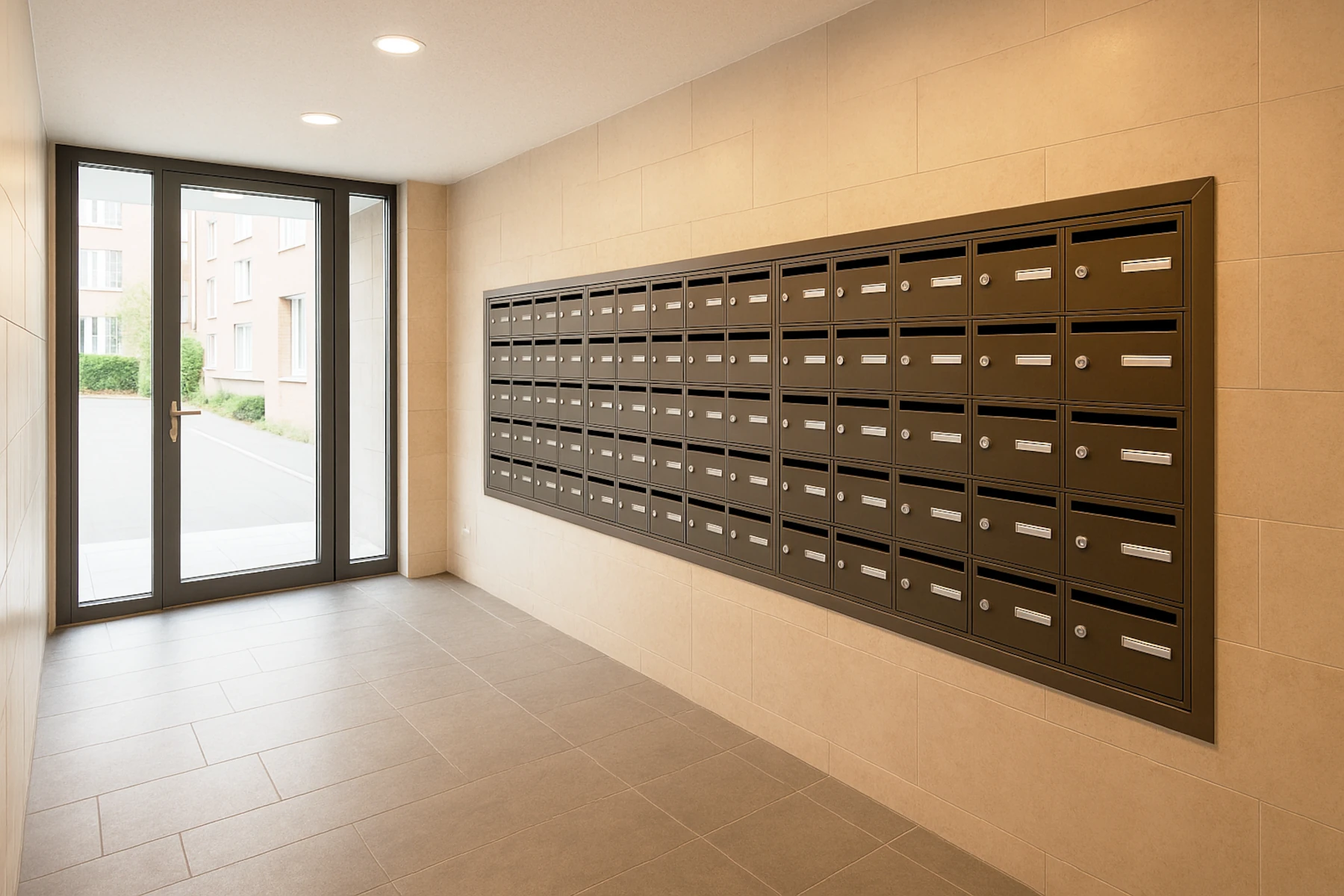 Boîtes aux lettres collectives dans un hall d'immeuble